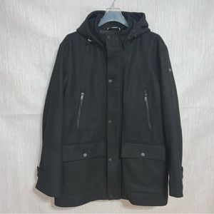 NWT DKNY Mens Black Stadium Coat w/ Removable Hood | Quilted Interior | Sz Large